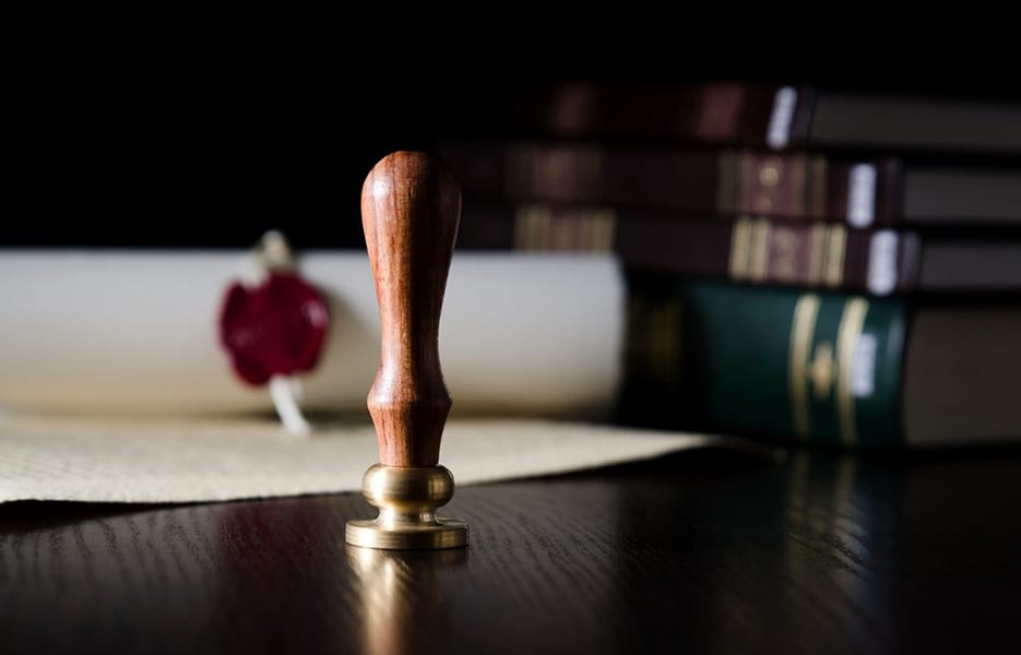 Law concept with stamp in courtroom